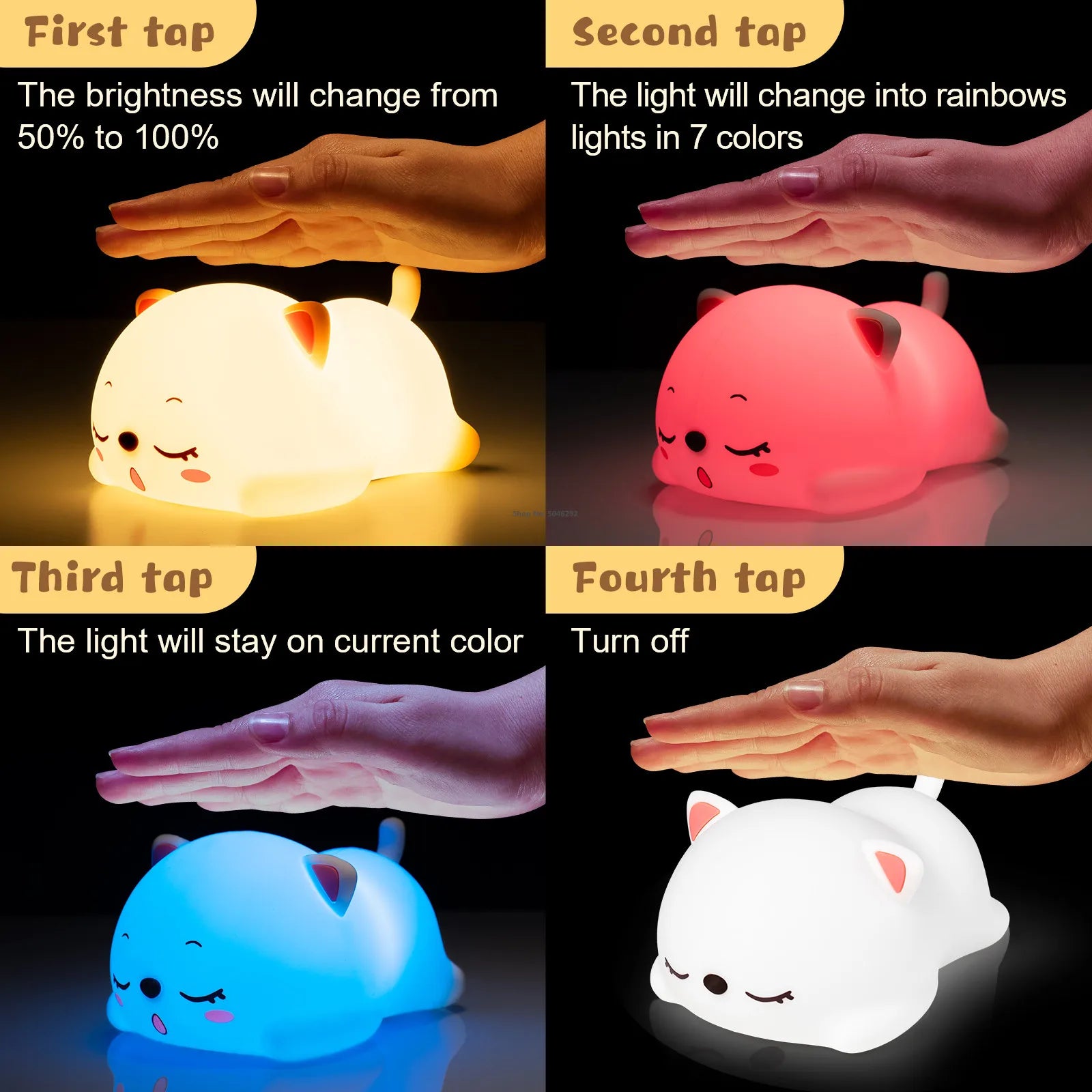 Colorful Cat Silicone LED Night Light with Touch Sensor