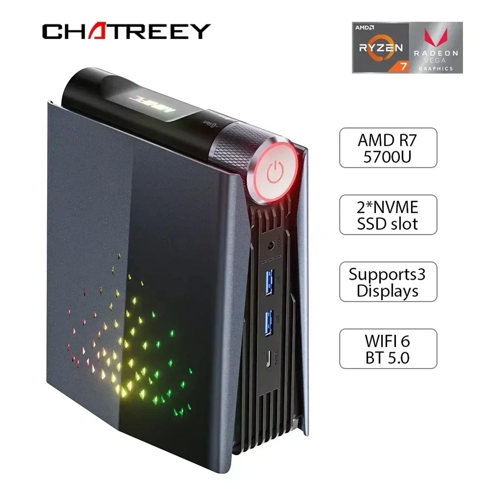 Mini PC AMD Ryzen 5 5600U RGB Light Gaming Desktop Computer